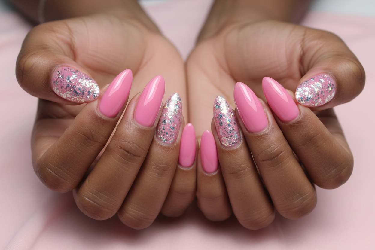 Dark skinned hands with nails painted pink with glitter
